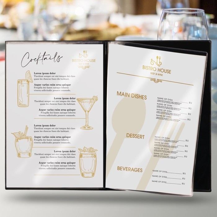 Porta menús con cuatro fundas transparentes en el interior