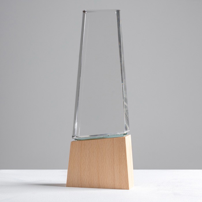 Trofeo de cristal estilizado con base de madera que ofrece distinción vista 2 Trofeo de cristal estilizado con base de madera que ofrece distinción vista 2