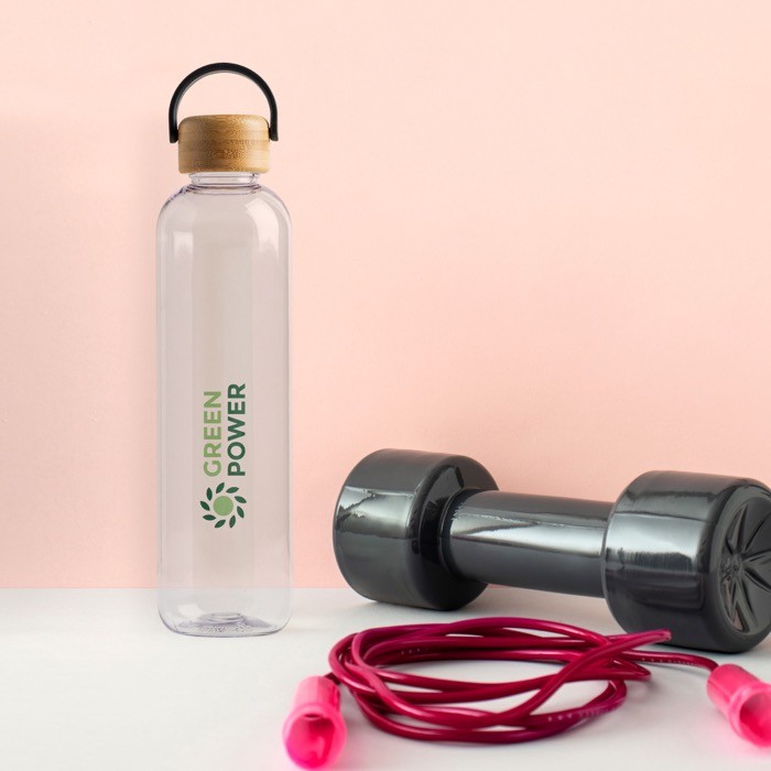 Botella de tritán con tapa de bambú y asa de transporte 1L vista 2 Botella de tritán con tapa de bambú y asa de transporte 1L vista 2