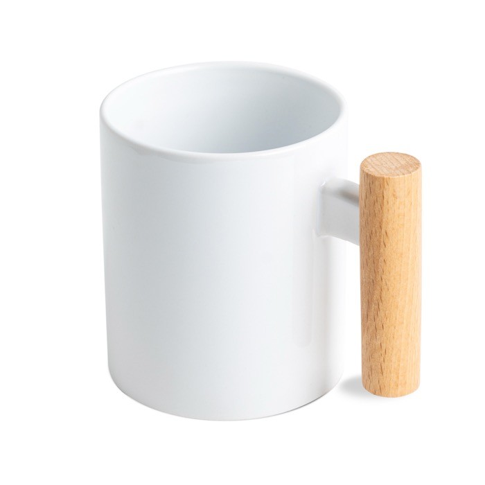 Taza de cerámica ideal para sublimación con mango de madera 325ml color blanco vista 1 Taza de cerámica ideal para sublimación con mango de madera 325ml color blanco vista 1
