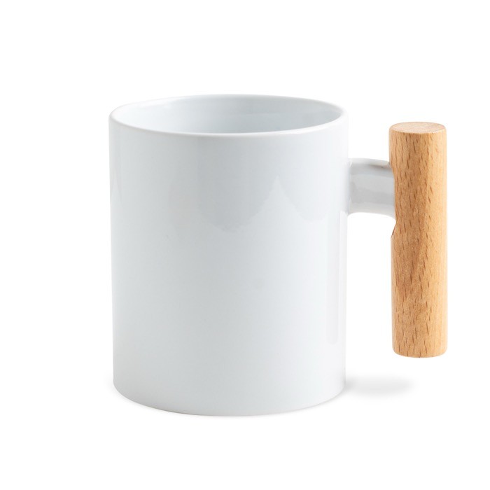 Taza de cerámica ideal para sublimación con mango de madera 325ml color blanco vista 2 Taza de cerámica ideal para sublimación con mango de madera 325ml color blanco vista 2