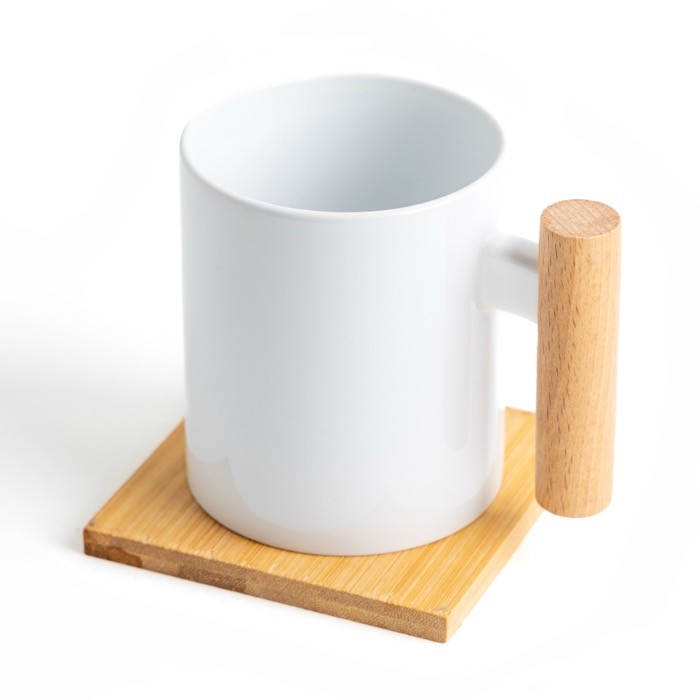 Taza de cerámica ideal para sublimación con mango de madera 325ml vista 2 Taza de cerámica ideal para sublimación con mango de madera 325ml vista 2