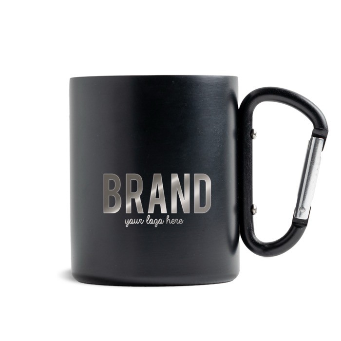 Taza de doble pared de acero inoxidable reciclado con mosquetón 300ml color negro vista con logo impreso Taza de doble pared de acero inoxidable reciclado con mosquetón 300ml color negro vista con logo impreso