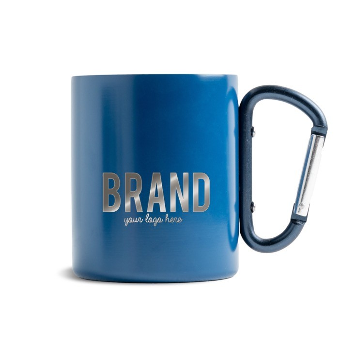 Taza de doble pared de acero inoxidable reciclado con mosquetón 300ml color azul marino vista con logo impreso Taza de doble pared de acero inoxidable reciclado con mosquetón 300ml color azul marino vista con logo impreso