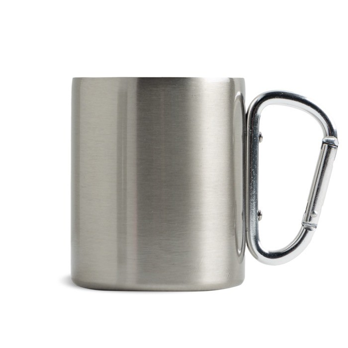 Taza de doble pared de acero inoxidable reciclado con mosquetón 300ml color plateado Taza de doble pared de acero inoxidable reciclado con mosquetón 300ml color plateado