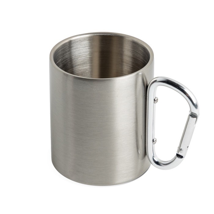 Taza de doble pared de acero inoxidable reciclado con mosquetón 300ml color plateado vista 1 Taza de doble pared de acero inoxidable reciclado con mosquetón 300ml color plateado vista 1