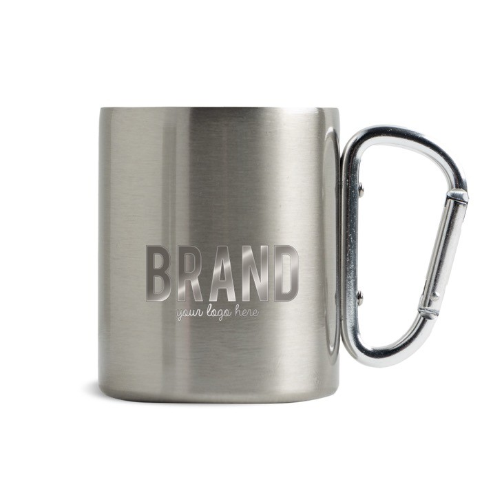 Taza de doble pared de acero inoxidable reciclado con mosquetón 300ml color plateado vista con logo impreso Taza de doble pared de acero inoxidable reciclado con mosquetón 300ml color plateado vista con logo impreso