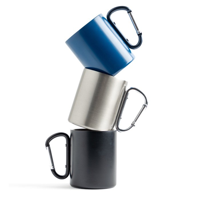 Taza de doble pared de acero inoxidable reciclado con mosquetón 300ml vista 1 Taza de doble pared de acero inoxidable reciclado con mosquetón 300ml vista 1