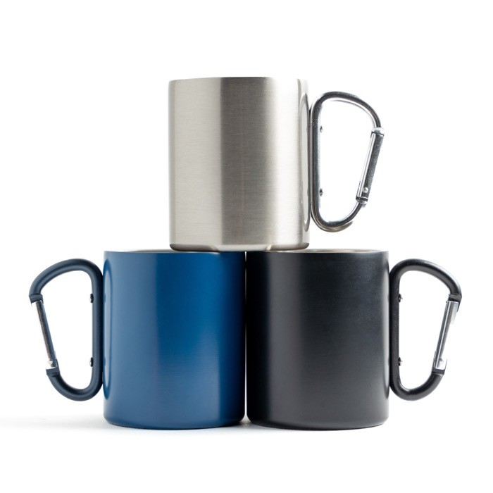 Taza de doble pared de acero inoxidable reciclado con mosquetón 300ml vista con varios colores Taza de doble pared de acero inoxidable reciclado con mosquetón 300ml vista con varios colores