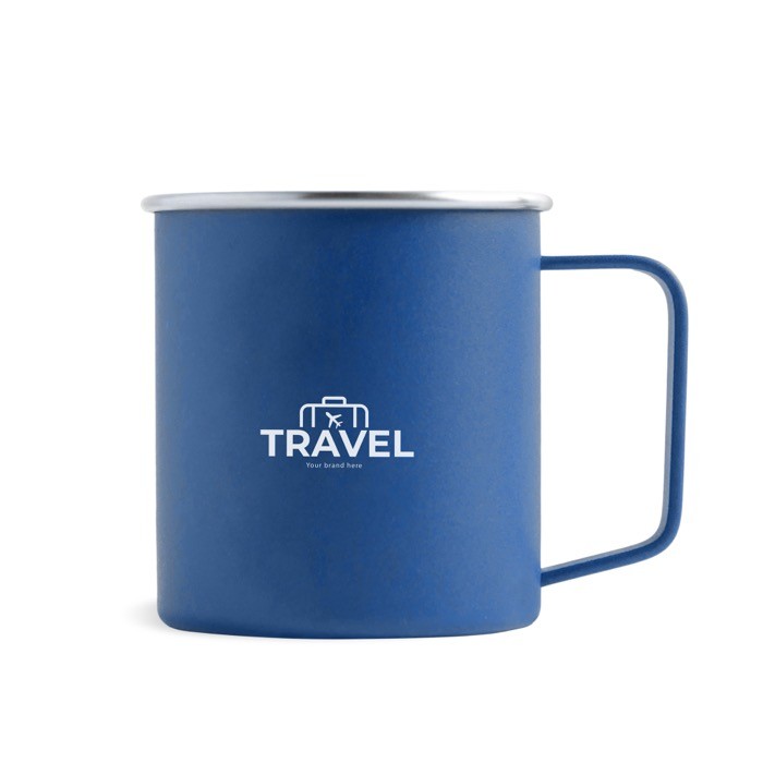 Taza de acero inoxidable reciclado con diseño moderno y asa 400ml color azul real vista con logo impreso Taza de acero inoxidable reciclado con diseño moderno y asa 400ml color azul real vista con logo impreso