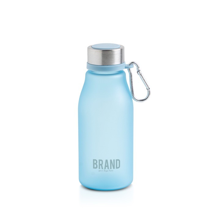 Botella de plástico reciclado estilo mate con mosquetón 350ml color turquesa vista con logo impreso Botella de plástico reciclado estilo mate con mosquetón 350ml color turquesa vista con logo impreso