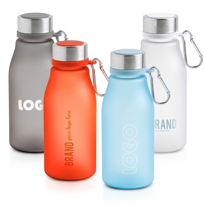 Botella de plástico reciclado estilo mate con mosquetón 350ml vista con logo impreso Botella de plástico reciclado estilo mate con mosquetón 350ml vista con logo impreso