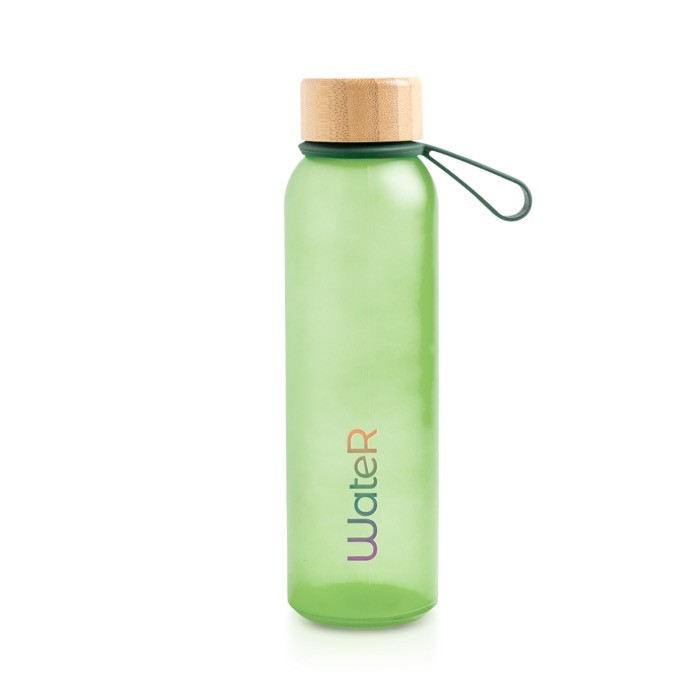 Botella de plástico reciclado con acabado mate y tapa de bambú 350ml color verde vista con logo impreso Botella de plástico reciclado con acabado mate y tapa de bambú 350ml color verde vista con logo impreso