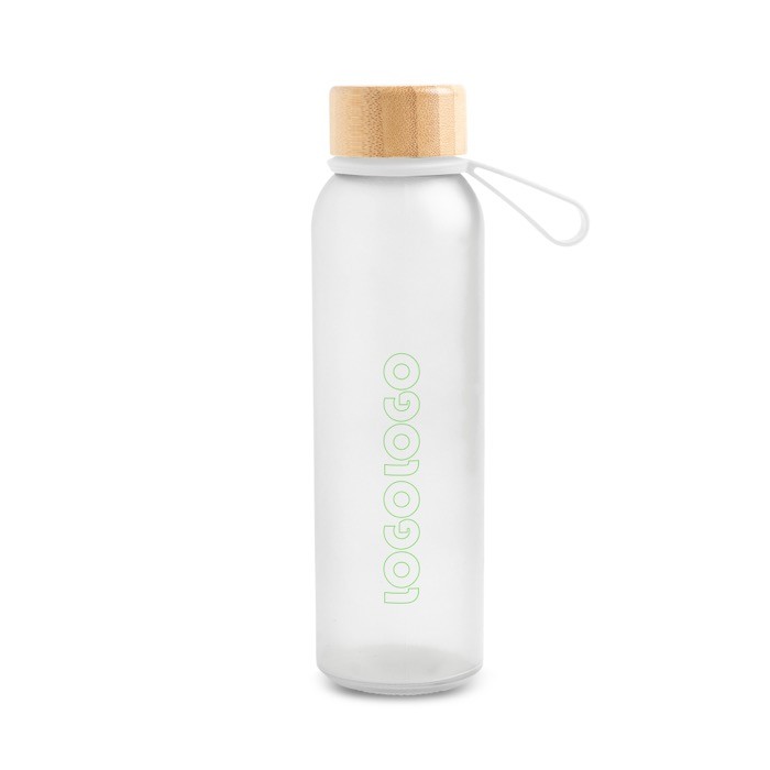 Botella de plástico reciclado con acabado mate y tapa de bambú 350ml color translúcido vista con logo impreso Botella de plástico reciclado con acabado mate y tapa de bambú 350ml color translúcido vista con logo impreso