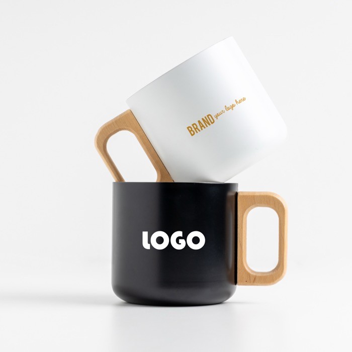 Taza de acero inoxidable de doble pared y asa de madera 350ml Taza de acero inoxidable de doble pared y asa de madera 350ml