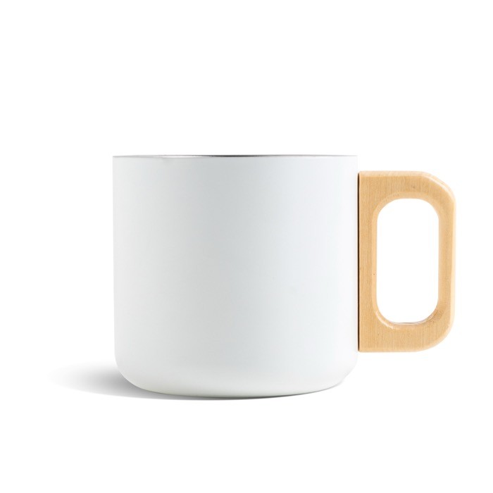 Taza de acero inoxidable de doble pared y asa de madera 350ml color blanco Taza de acero inoxidable de doble pared y asa de madera 350ml color blanco