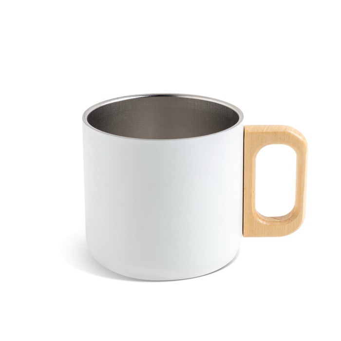 Taza de acero inoxidable de doble pared y asa de madera 350ml color blanco vista 1 Taza de acero inoxidable de doble pared y asa de madera 350ml color blanco vista 1
