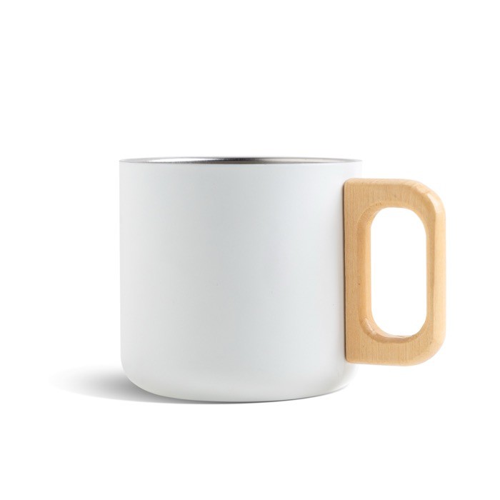 Taza de acero inoxidable de doble pared y asa de madera 350ml color blanco vista 2 Taza de acero inoxidable de doble pared y asa de madera 350ml color blanco vista 2