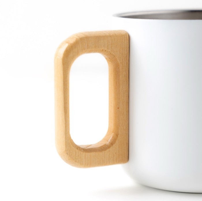 Taza de acero inoxidable de doble pared y asa de madera 350ml color blanco Taza de acero inoxidable de doble pared y asa de madera 350ml color blanco