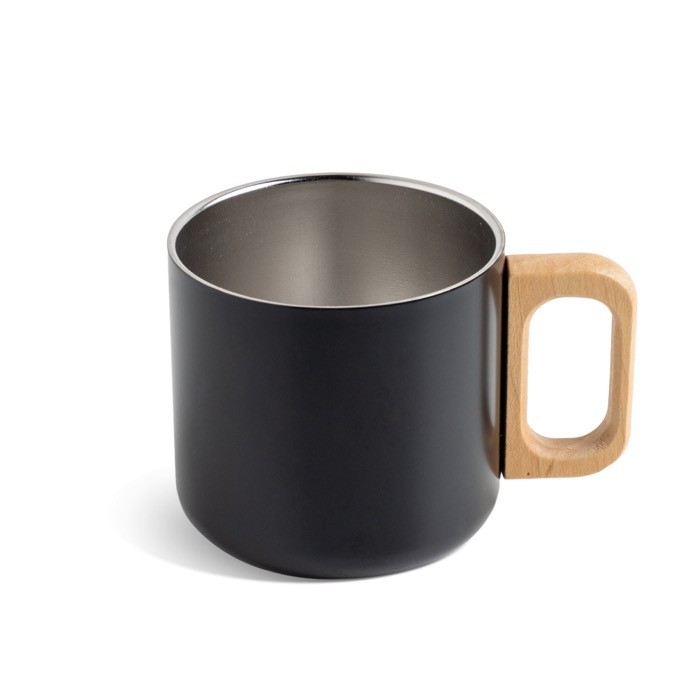 Taza de acero inoxidable de doble pared y asa de madera 350ml color negro vista 1 Taza de acero inoxidable de doble pared y asa de madera 350ml color negro vista 1