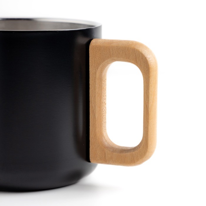 Taza de acero inoxidable de doble pared y asa de madera 350ml color negro Taza de acero inoxidable de doble pared y asa de madera 350ml color negro