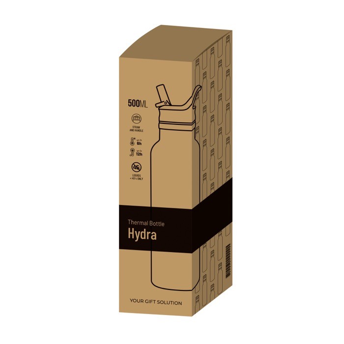 Botella térmica de acero inoxidable con asa fija y pajita plegable 500ml vista en caja