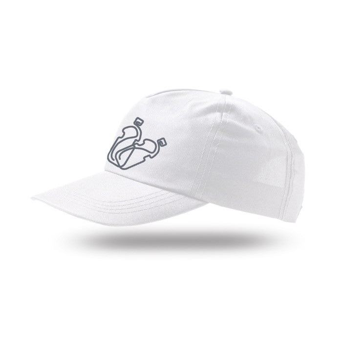 Gorra de poliéster reciclado con visera curvada 125 g/m2 color blanco vista con logo impreso Gorra de poliéster reciclado con visera curvada 125 g/m2 color blanco vista con logo impreso