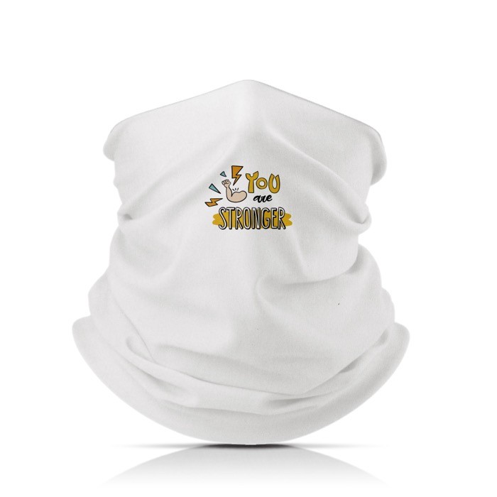 Braga de poliéster y elastano para proteger boca y nariz color blanco vista con logo impreso Braga de poliéster y elastano para proteger boca y nariz color blanco vista con logo impreso