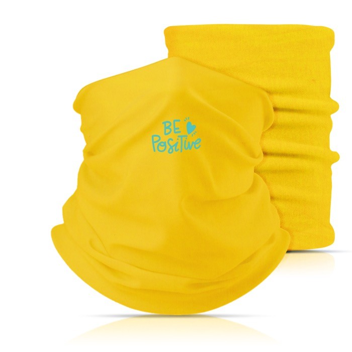 Braga de poliéster y elastano para proteger boca y nariz color amarillo vista con logo impreso Braga de poliéster y elastano para proteger boca y nariz color amarillo vista con logo impreso