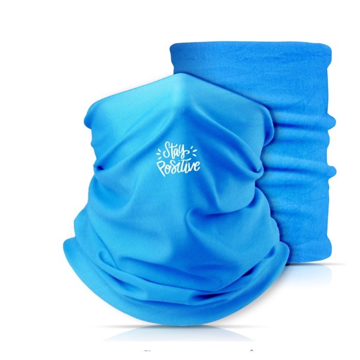 Braga de poliéster y elastano para proteger boca y nariz color turquesa vista con logo impreso Braga de poliéster y elastano para proteger boca y nariz color turquesa vista con logo impreso