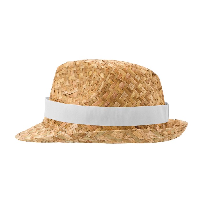 Sombrero de paja transpirable natural con cinta personalizable color blanco vista lateral