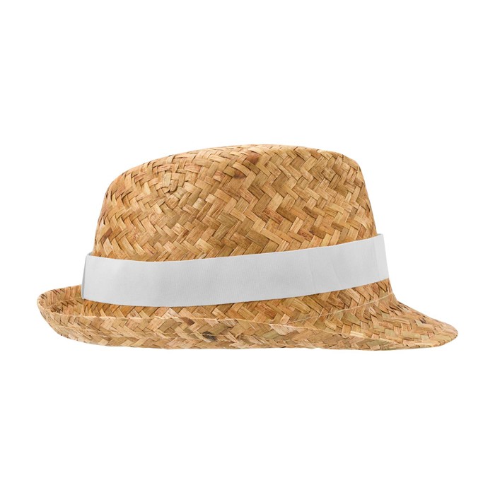 Sombrero de paja transpirable natural con cinta personalizable color blanco segunda vista lateral
