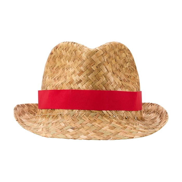 Sombrero de paja transpirable natural con cinta personalizable color rojo segunda vista frontal