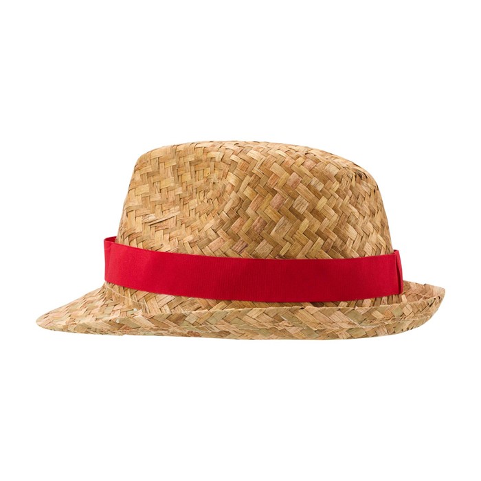 Sombrero de paja transpirable natural con cinta personalizable color rojo vista lateral