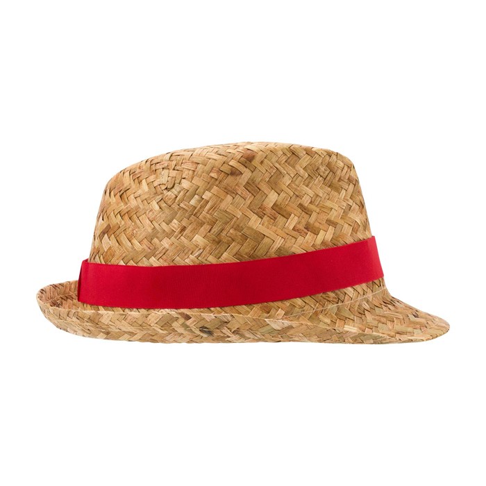 Sombrero de paja transpirable natural con cinta personalizable color rojo segunda vista lateral