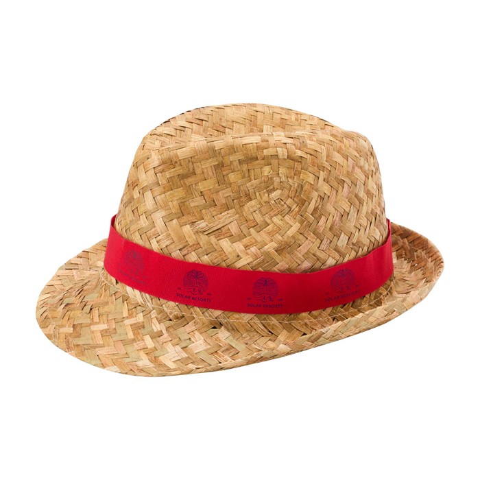 Sombrero de paja transpirable natural con cinta personalizable color rojo vista impresión transfer