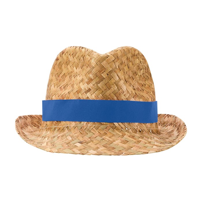 Sombrero de paja transpirable natural con cinta personalizable color azul real segunda vista frontal