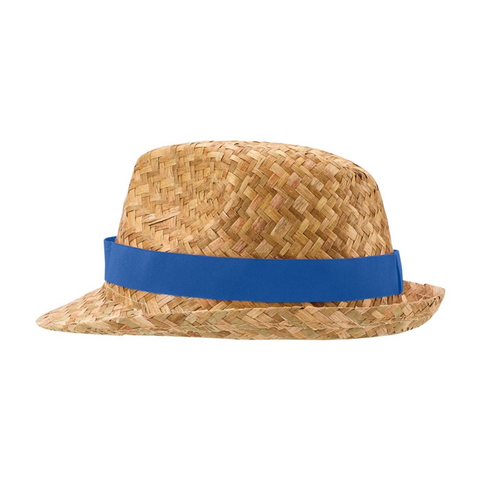 Sombrero de paja transpirable natural con cinta personalizable color azul real vista lateral