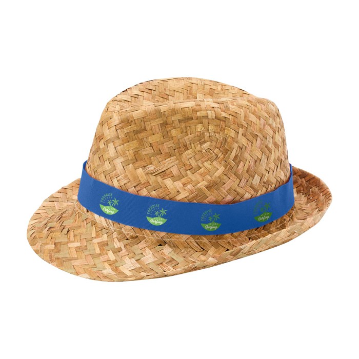 Sombrero de paja transpirable natural con cinta personalizable color azul real vista impresión transfer