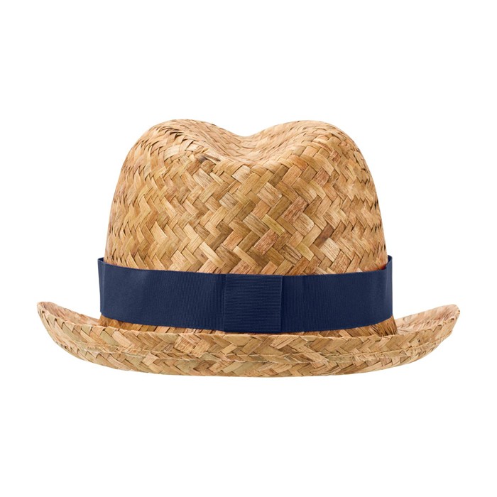 Sombrero de paja transpirable natural con cinta personalizable color azul marino segunda vista trasera