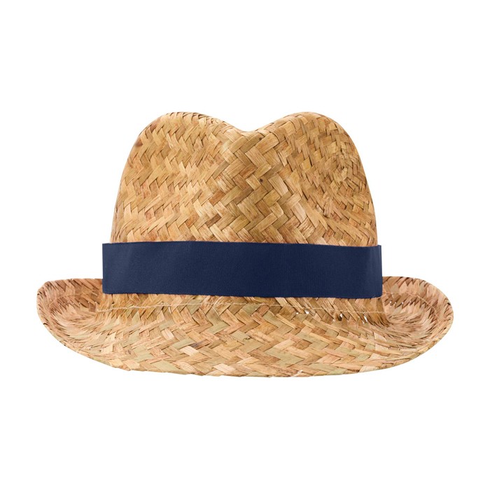 Sombrero de paja transpirable natural con cinta personalizable color azul marino segunda vista frontal