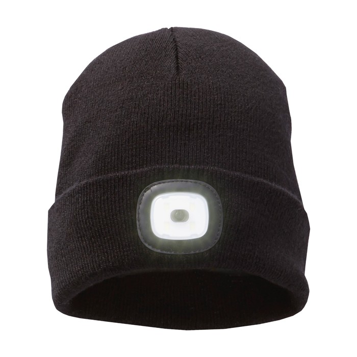 Gorro de punto elástico estilo canalé con LED frontal 92 g/m2 color negro