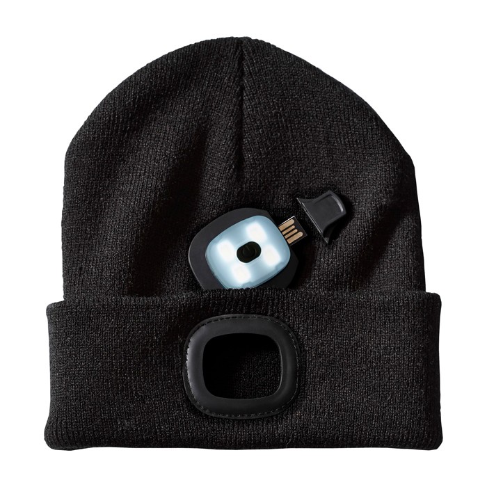 Gorro de punto elástico estilo canalé con LED frontal 92 g/m2 color negro segunda vista