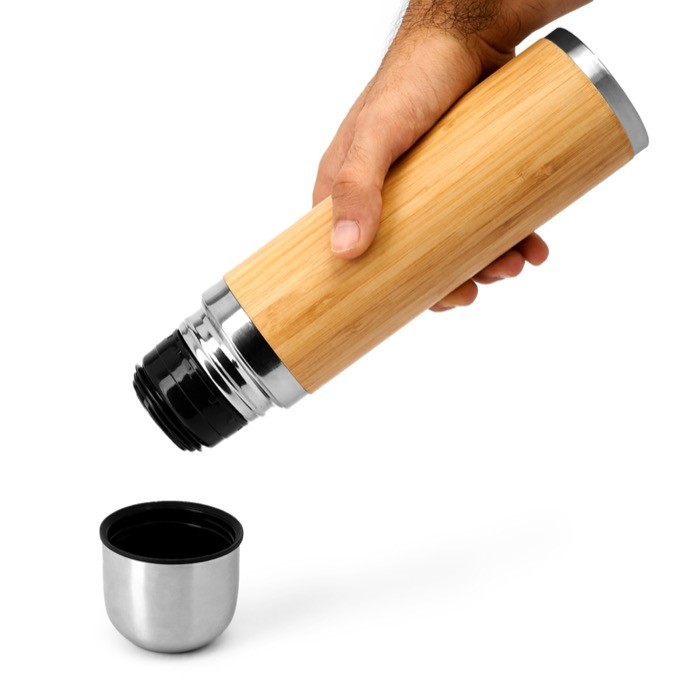 Botella térmica de acero con recubrimiento de bambú y capacidad 420ml color plateado vista detalle 1