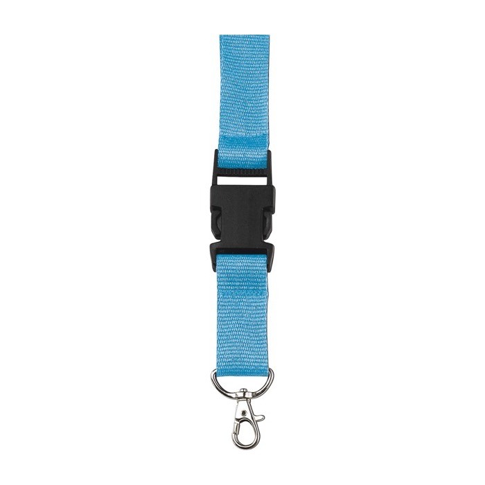 Lanyard de poliéster con mosquetón y llavero en varios colores color azul claro primera vista