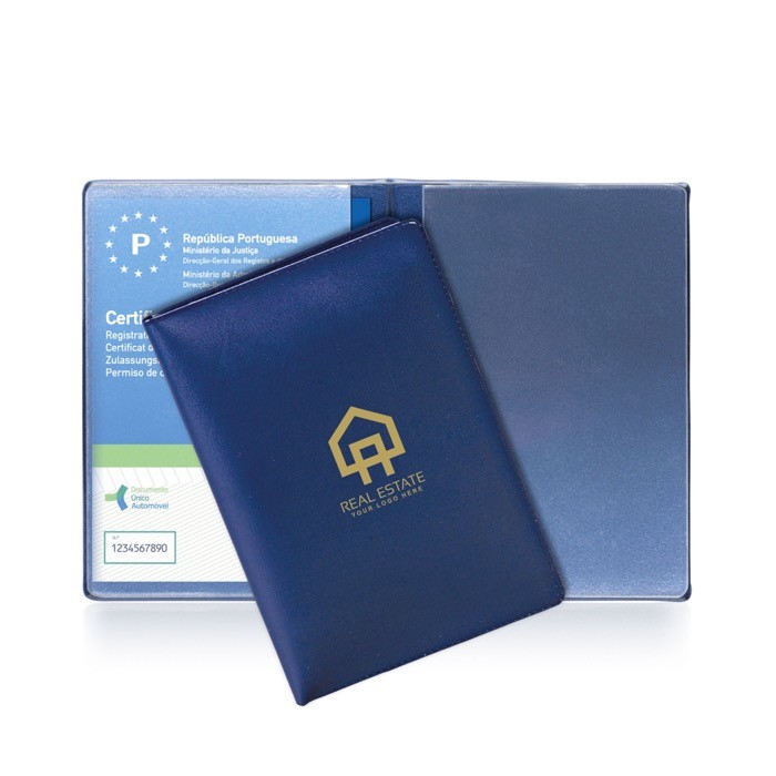 Cartera portadocumentos con 2 separadores e interior transparente color azul marino vista con logo impreso