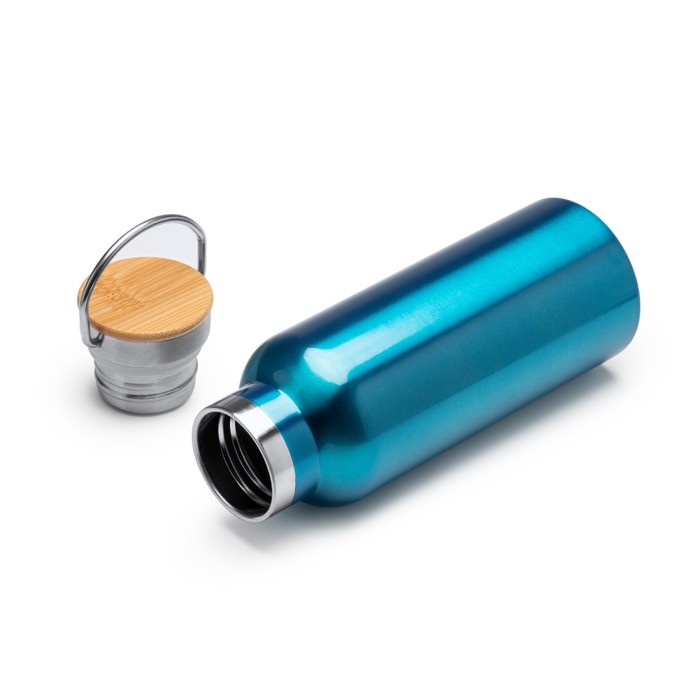 Botella de acero inoxidable con tapa de bambú y asa plegable 500ml color negro vista detalle 1