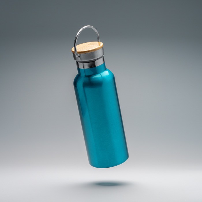 Botella de acero inoxidable con tapa de bambú y asa plegable 500ml color negro vista detalle 3