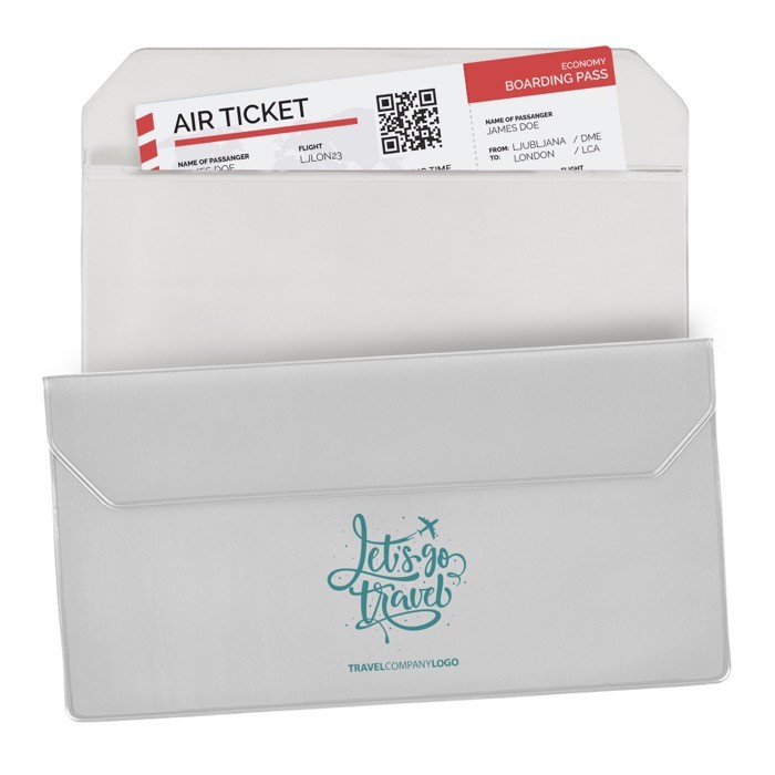 Portadocumentos ideal para llevar la documentación para viajar color blanco vista con logo impreso