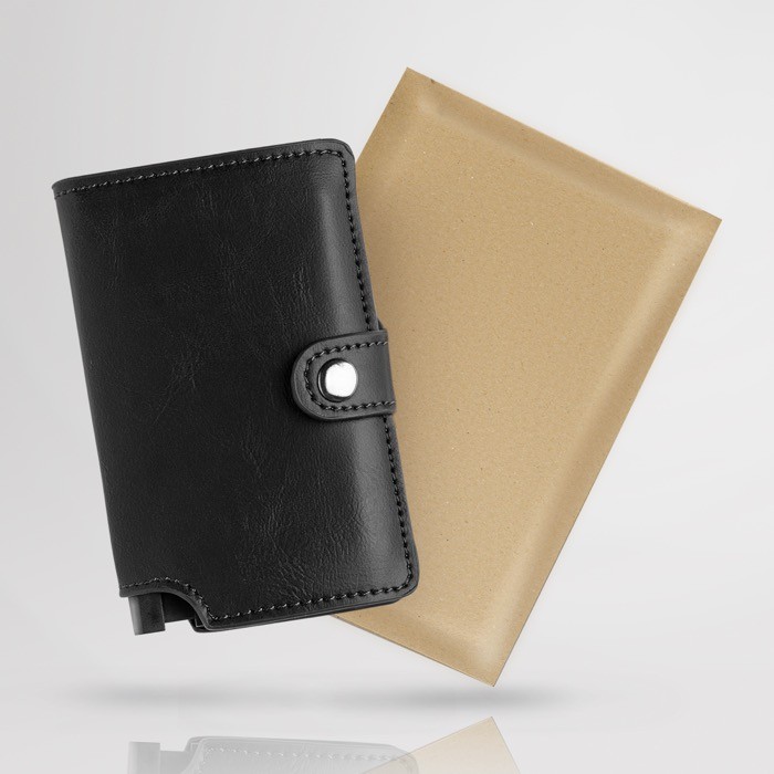 Cartera de cuero sintético con tarjetero automático con RFID color negro vista en caja